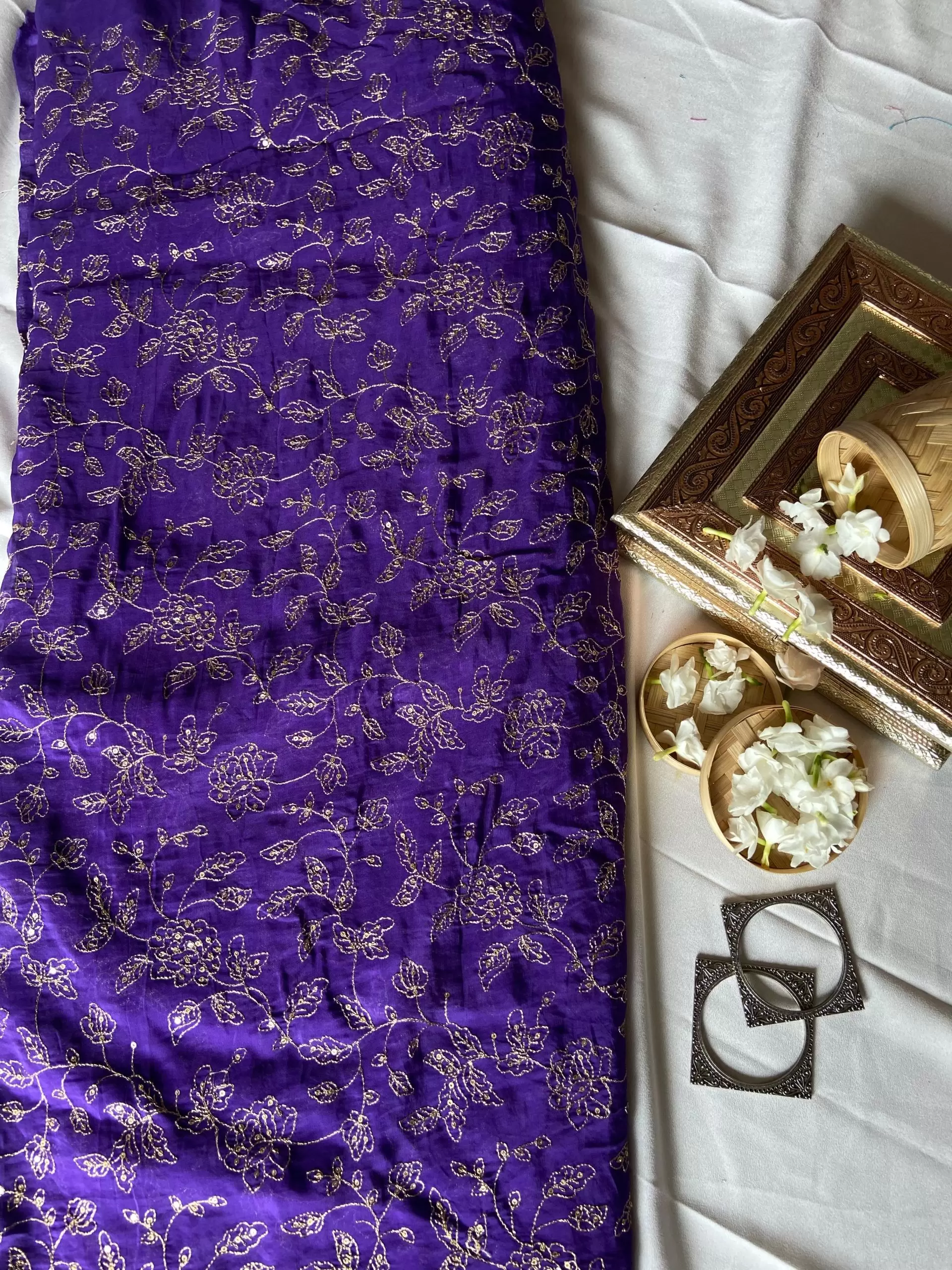 Royal Purple Pure Organza silk with floral jaal work zari embroidery