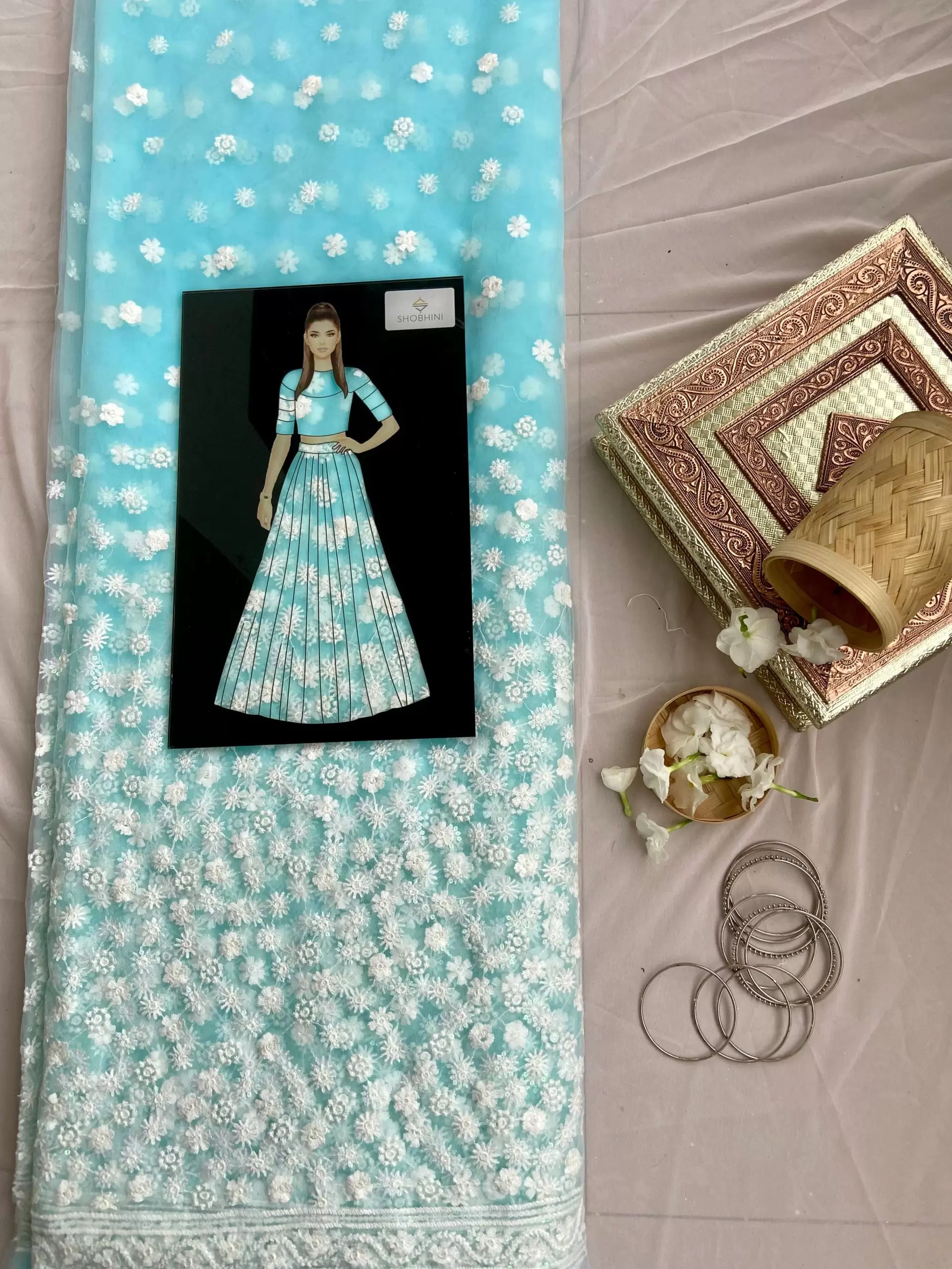 All over floral white thread work on azure sky blue big width net fabric
