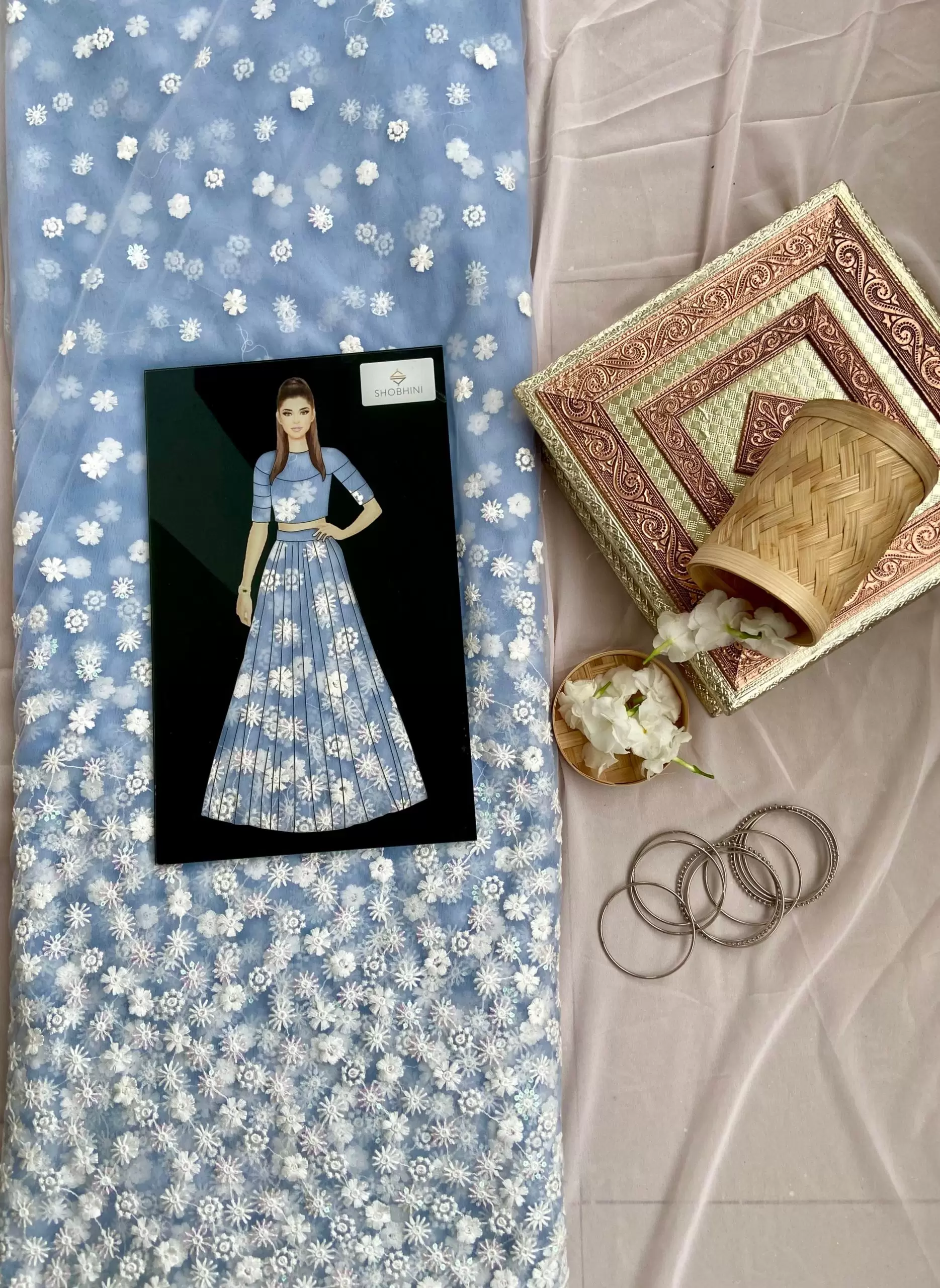 All over floral white thread work on cyan blue big width net fabric