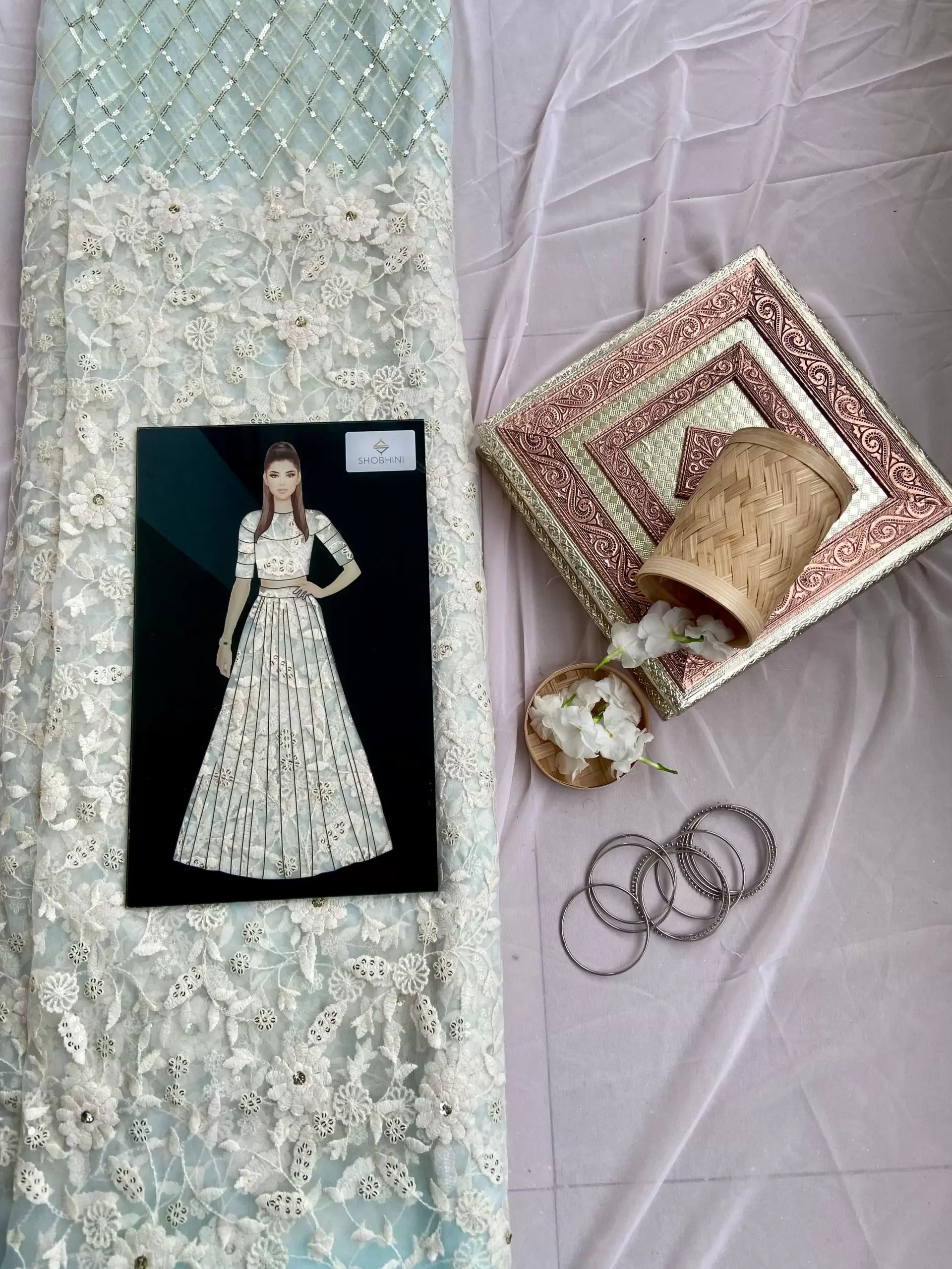 White floral thread and sequin on powder blue big width net fabric