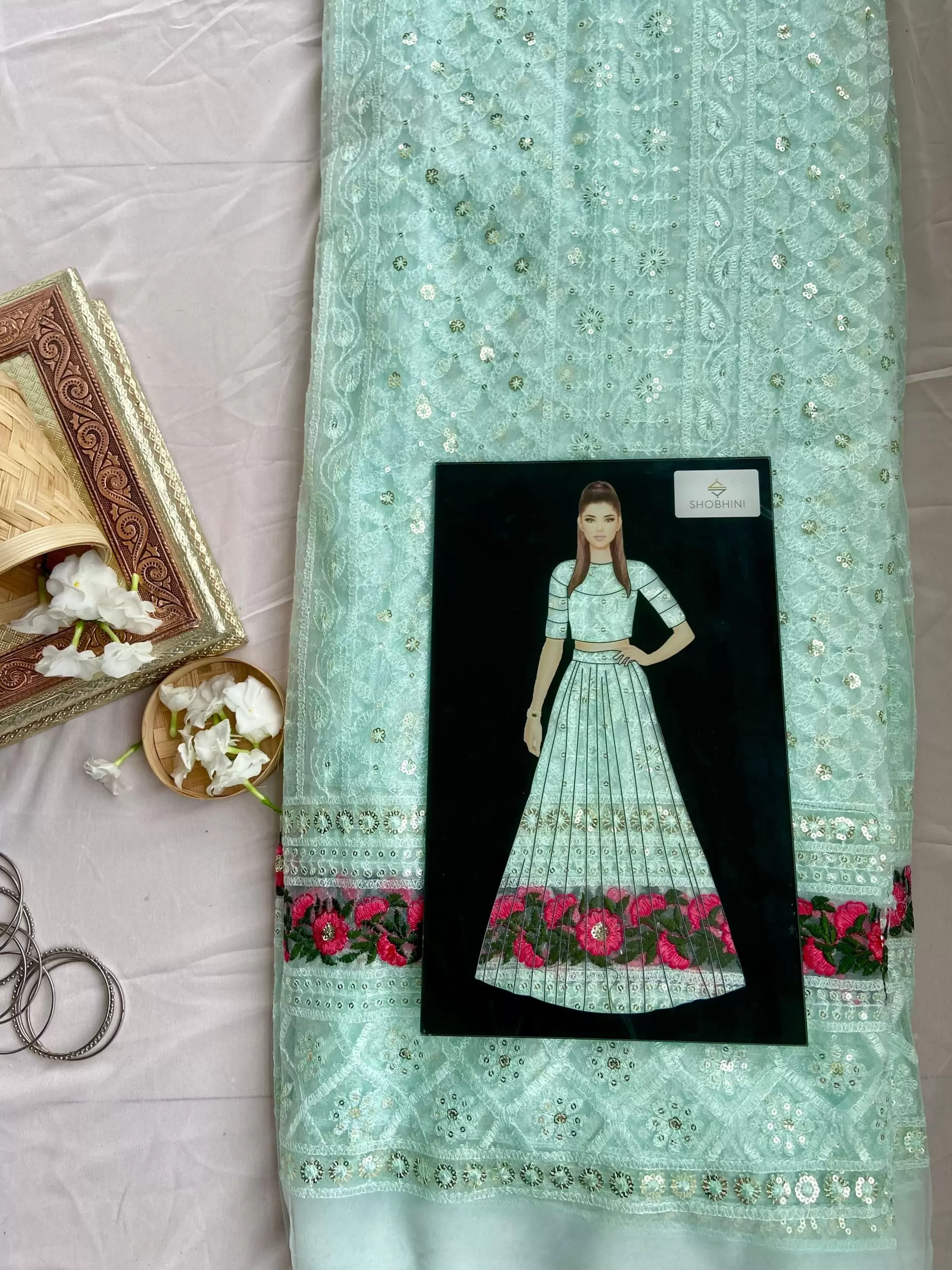 All over Thread And Sequin work on powder blue big width Net Fabric