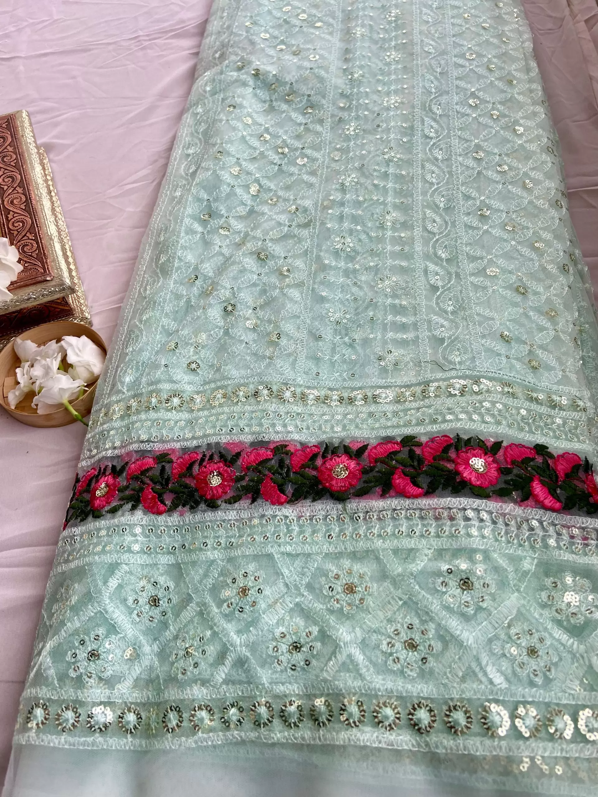 All over Thread And Sequin work on powder blue big width Net Fabric