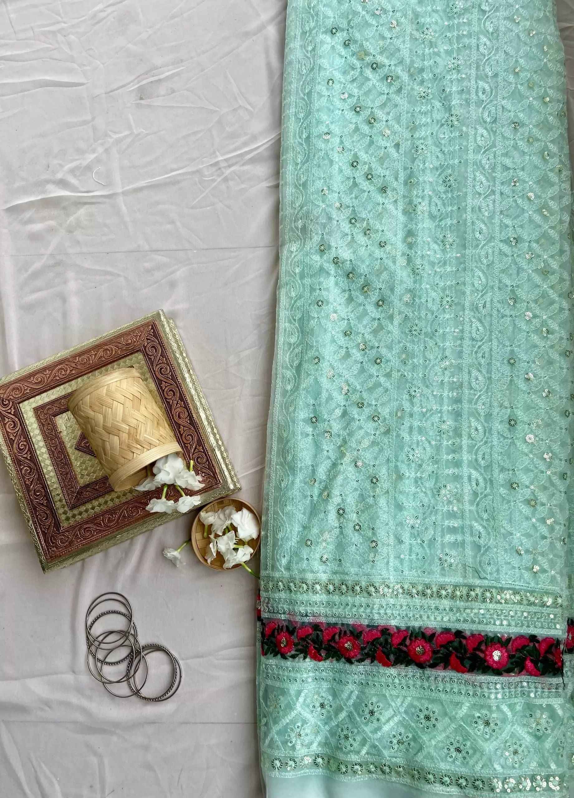 All over Thread And Sequin work on powder blue big width Net Fabric