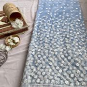 All over floral white thread work on cyan blue big width net fabric