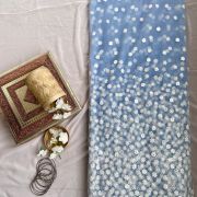 All over floral white thread work on cyan blue big width net fabric