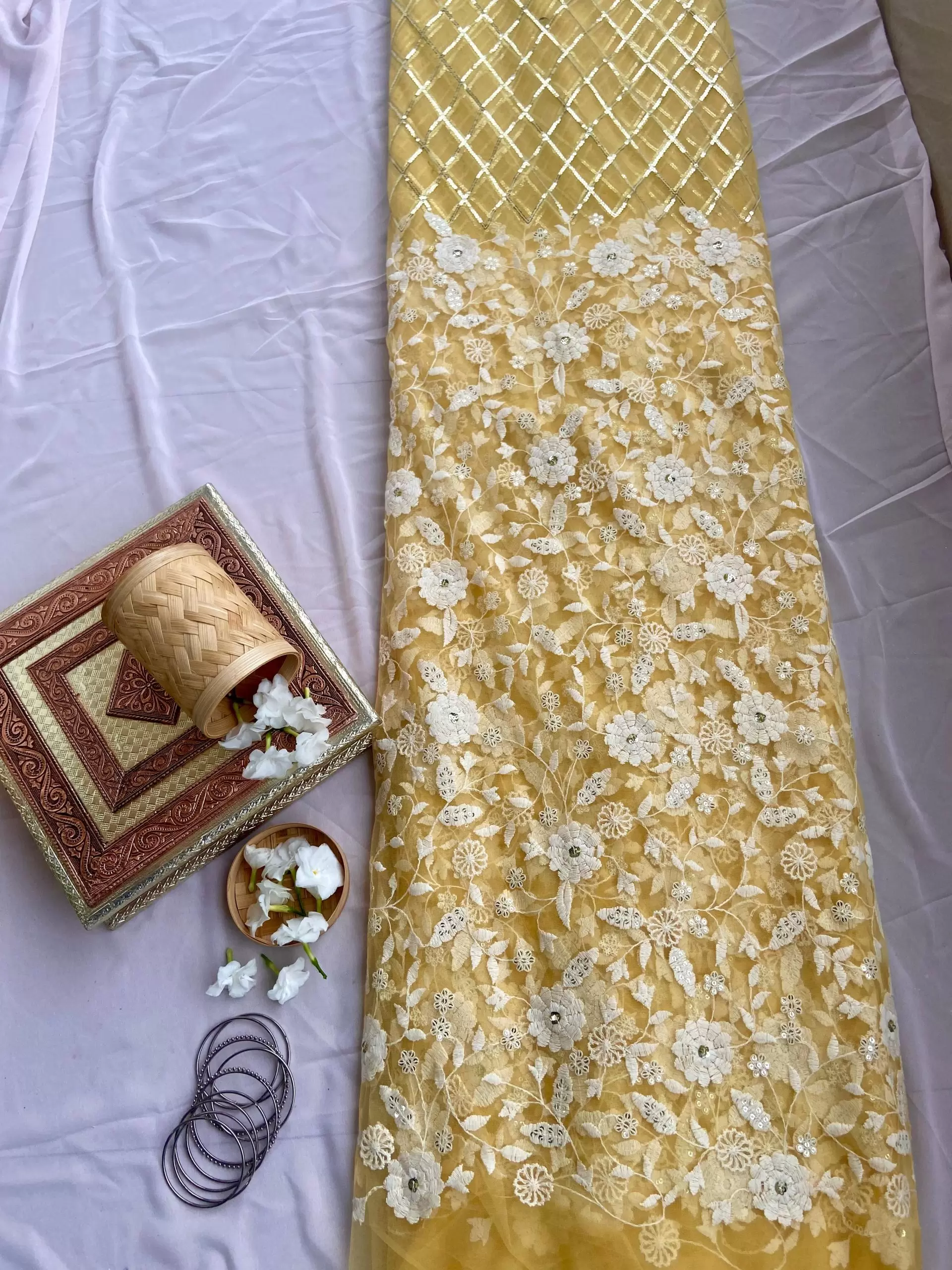White floral thread and sequin on lemon yellow big width net fabric