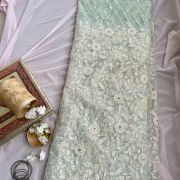 White floral thread and sequin on powder blue big width net fabric