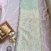 White floral thread and sequin on powder blue big width net fabric