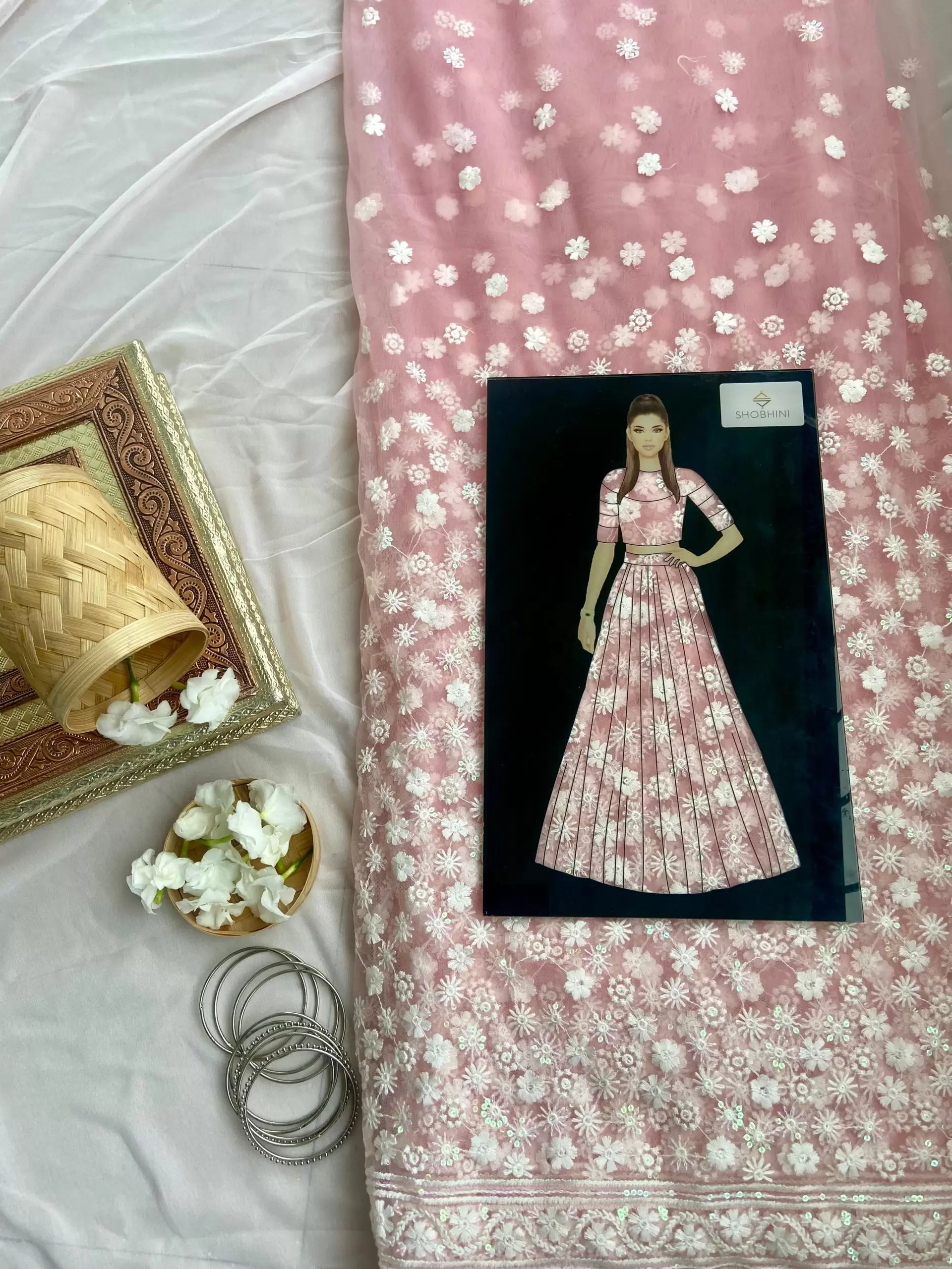 White floral thread and sequin on peach pink big width net fabric