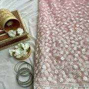 White floral thread and sequin on peach pink big width net fabric