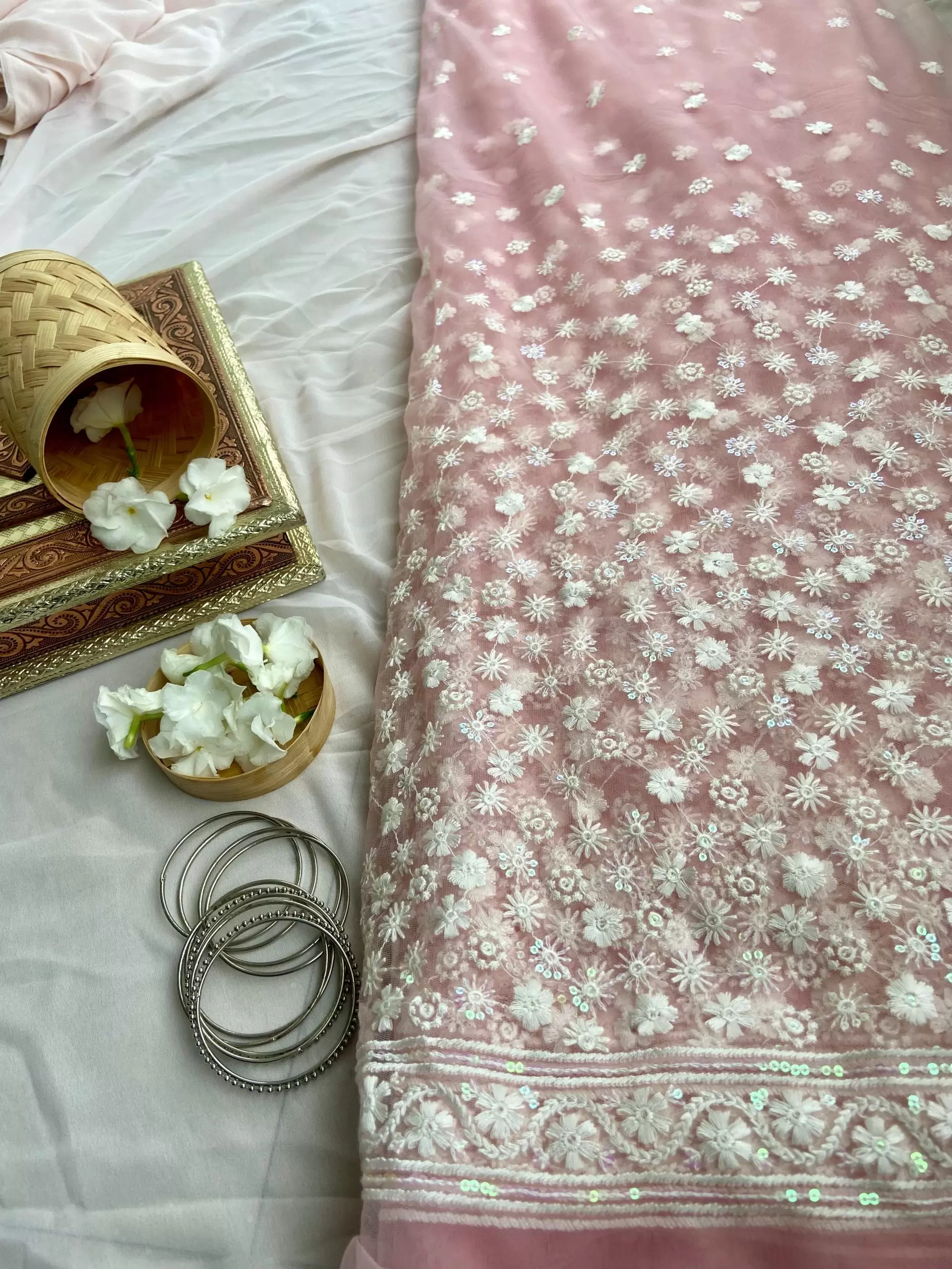 White floral thread and sequin on peach pink big width net fabric