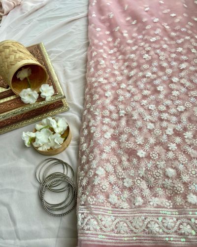 All over floral white thread work on blush pink big width net fabric