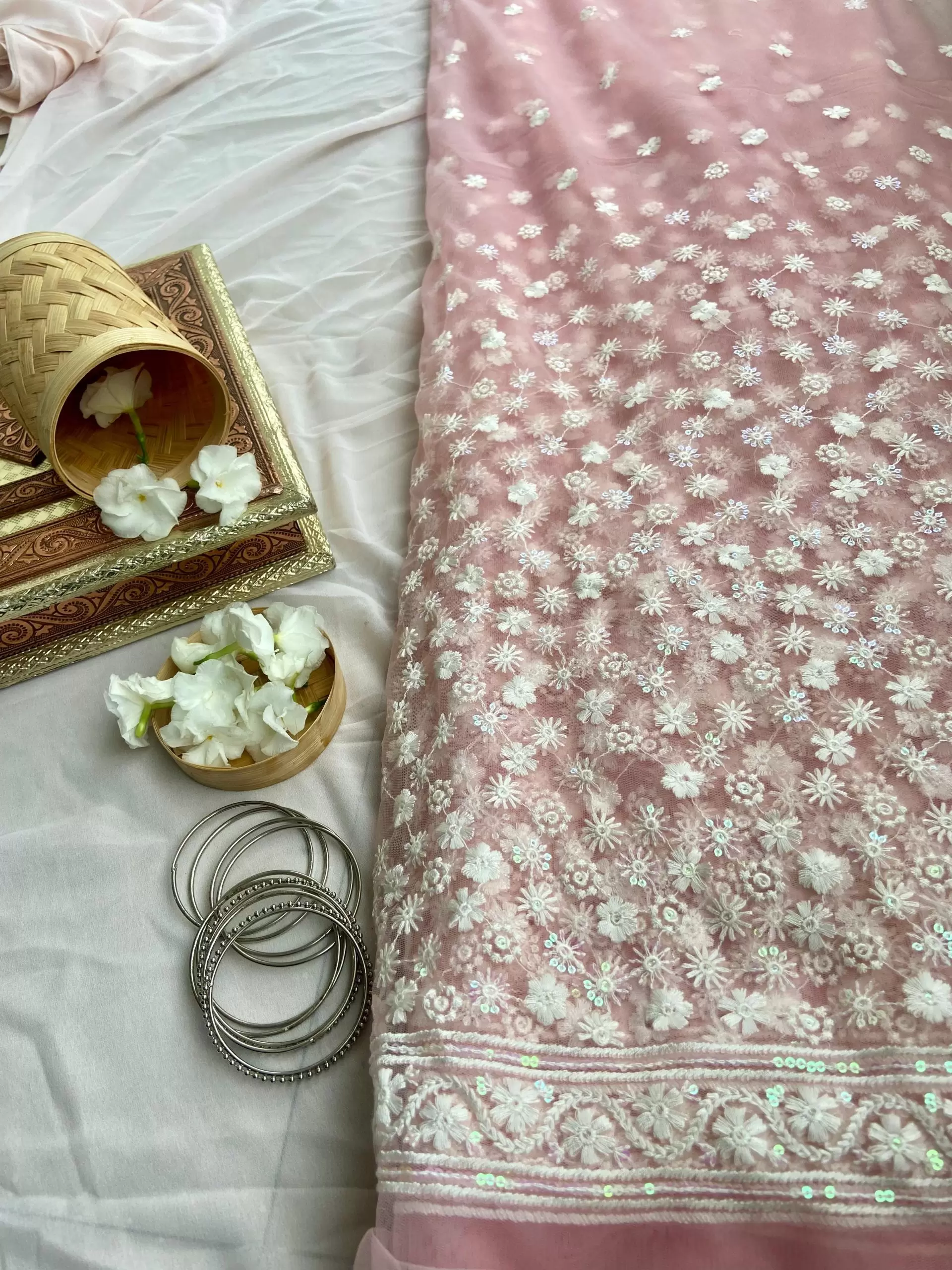 White floral thread and sequin on peach pink big width net fabric