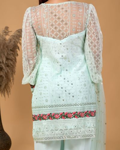 Pastel sea green Kurta and Bell Bottom Pants set with Dupatta