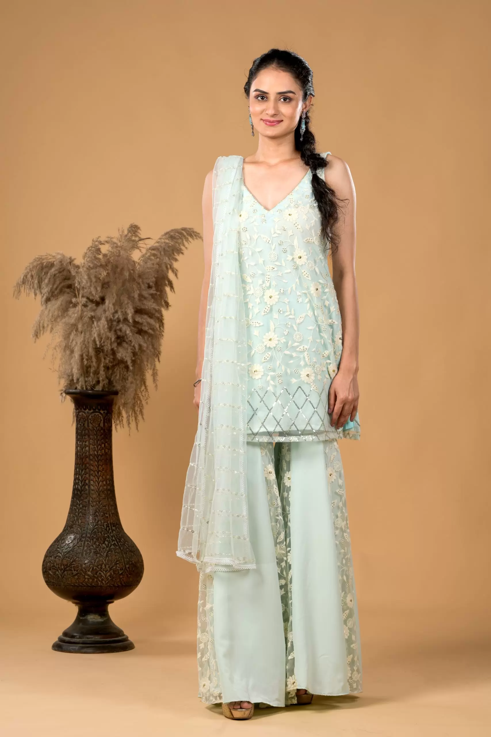 Pastel blue Chikankari Kurta and Sharara Set with Dupatta