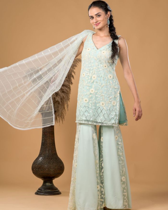 Pastel blue Chikankari Kurta and Sharara Set with Dupatta