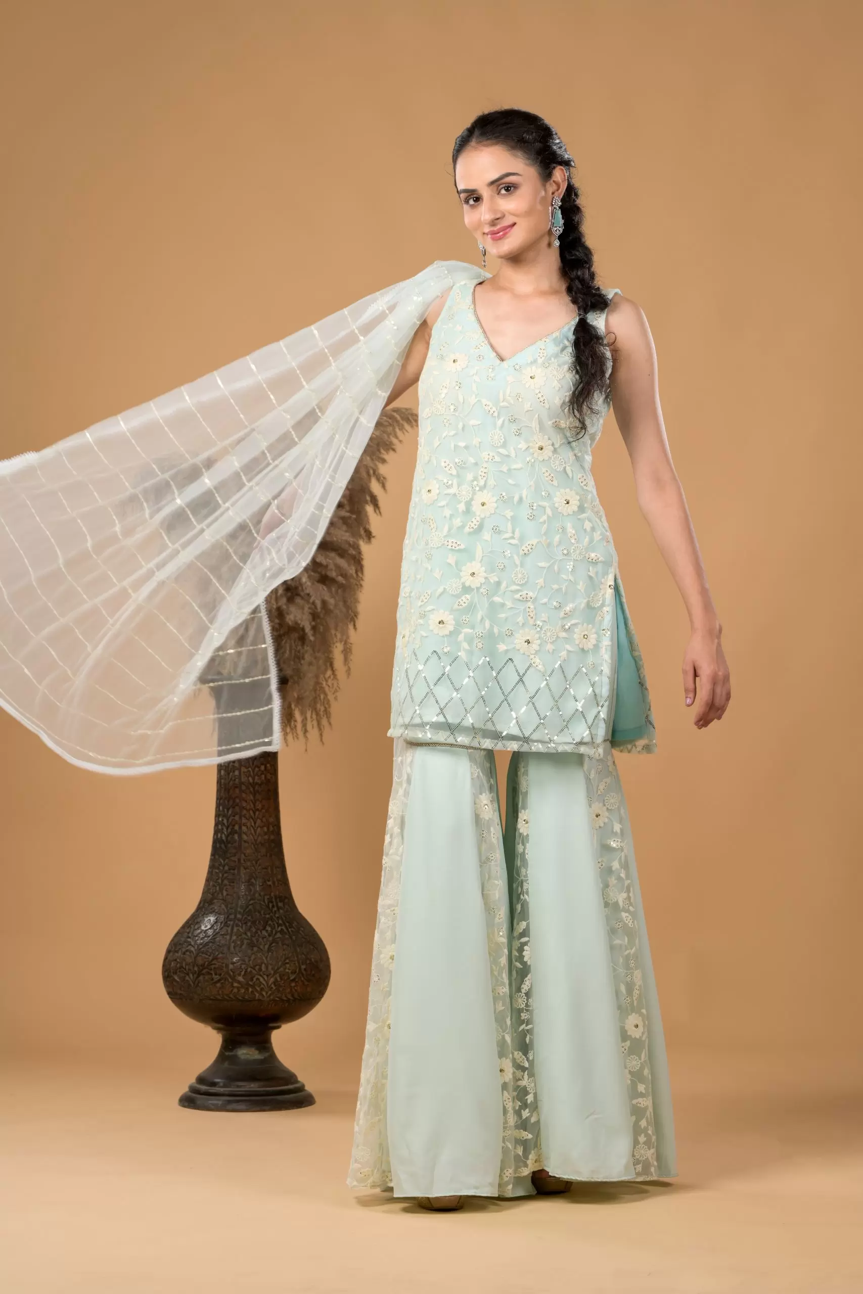 Pastel blue Chikankari Kurta and Sharara Set with Dupatta