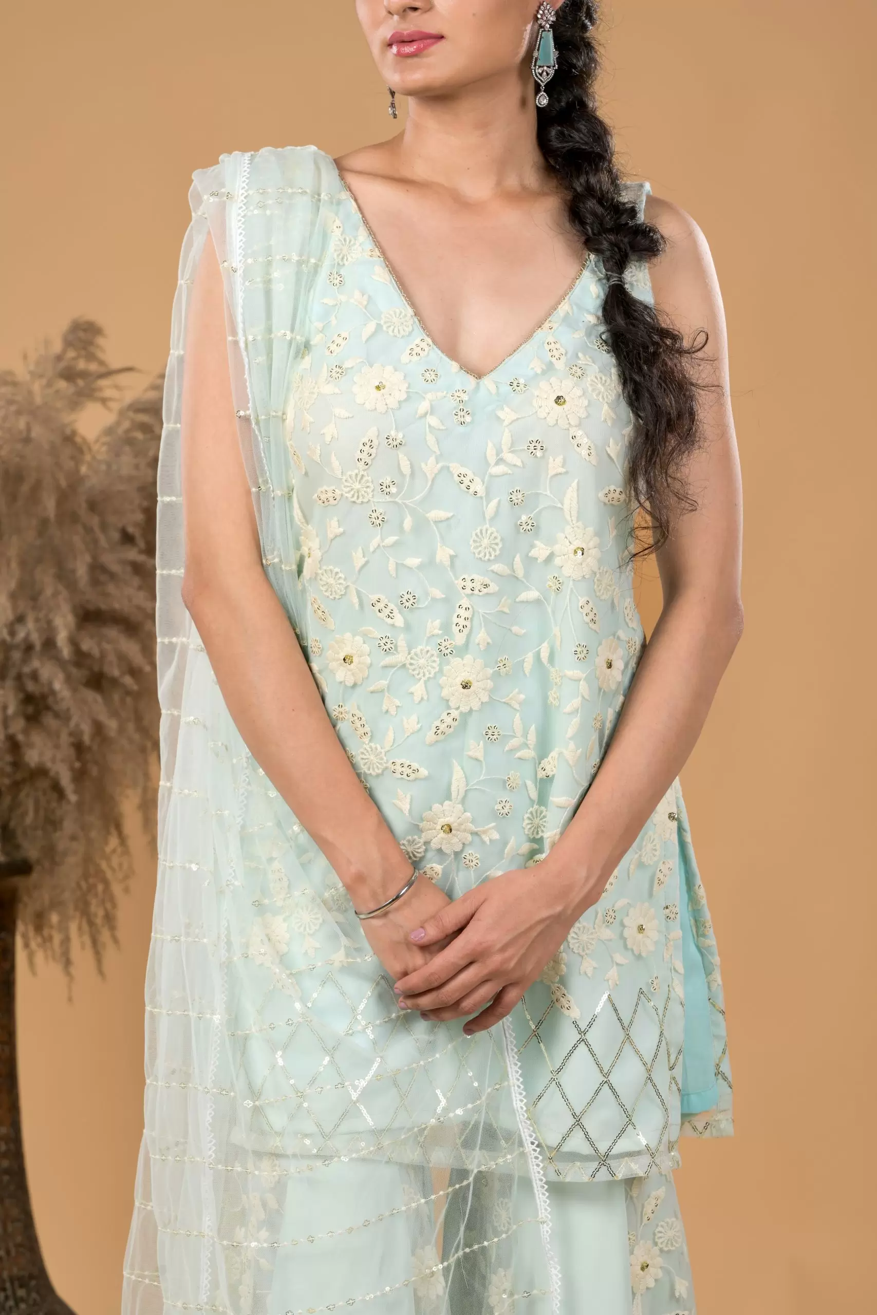 Pastel blue Chikankari Kurta and Sharara Set with Dupatta