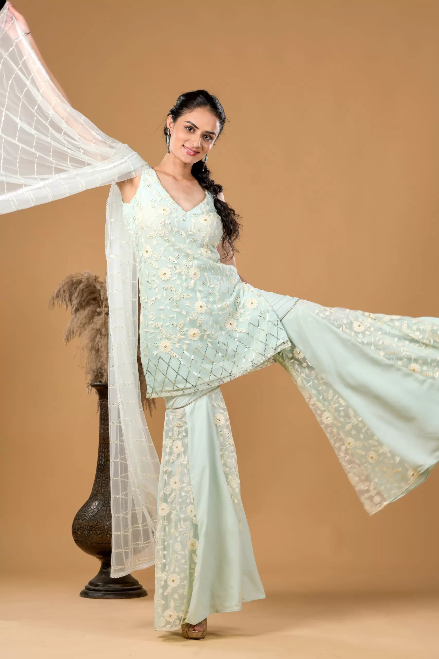 Pastel blue Chikankari Kurta and Sharara Set with Dupatta