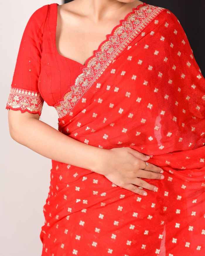 Shagan Red Georgette Saree with Intricate Embroidery