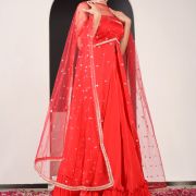 Ruhani Red Long Slit Top with Faux Embroidered Detailing and Pure Crepe Skirt Set with Dupatta