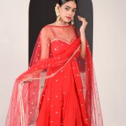 Ruhani Red Long Slit Top with Faux Embroidered Detailing and Pure Crepe Skirt Set with Dupatta