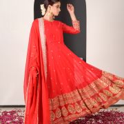 Noorie Red Anarkali Suit with Golden Embroidered Daman on Pure georgette