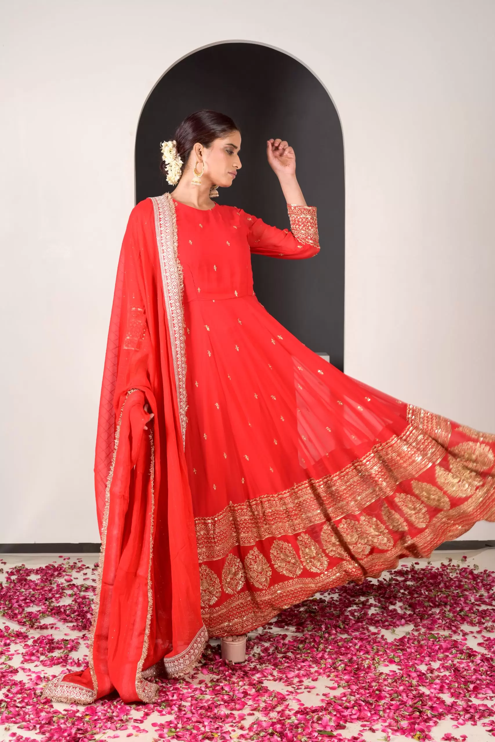 Noorie Red Anarkali Suit with Golden Embroidered Daman on Pure georgette