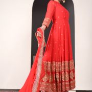 Noorie Red Anarkali Suit with Golden Embroidered Daman on Pure georgette