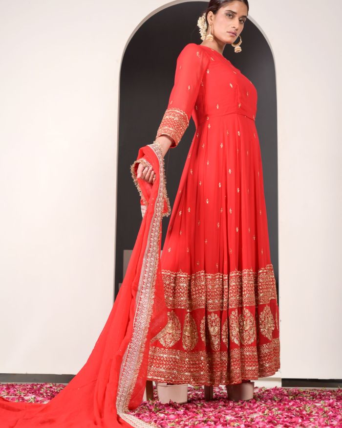 Noorie Red Anarkali Suit with Golden Embroidered Daman on Pure georgette