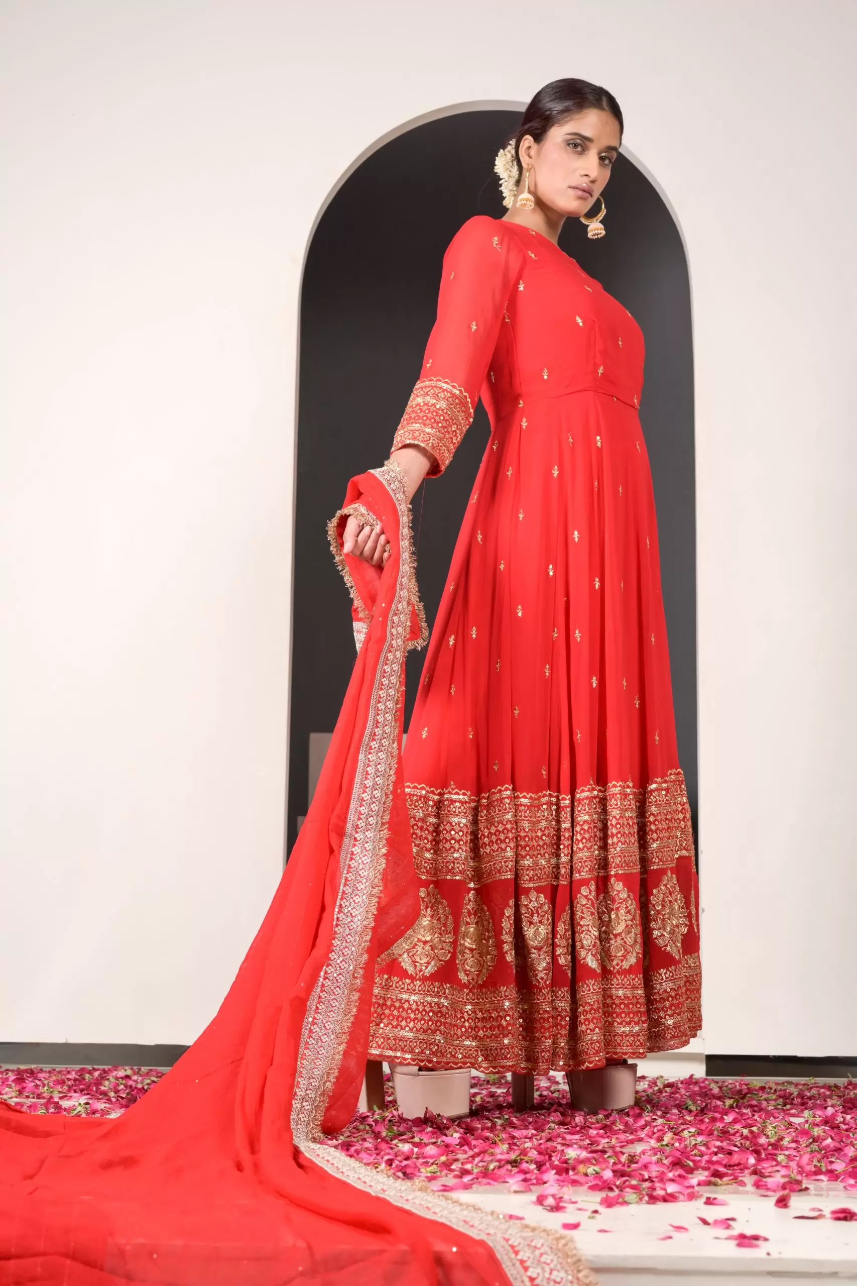 Noorie Red Anarkali Suit with Golden Embroidered Daman on Pure georgette