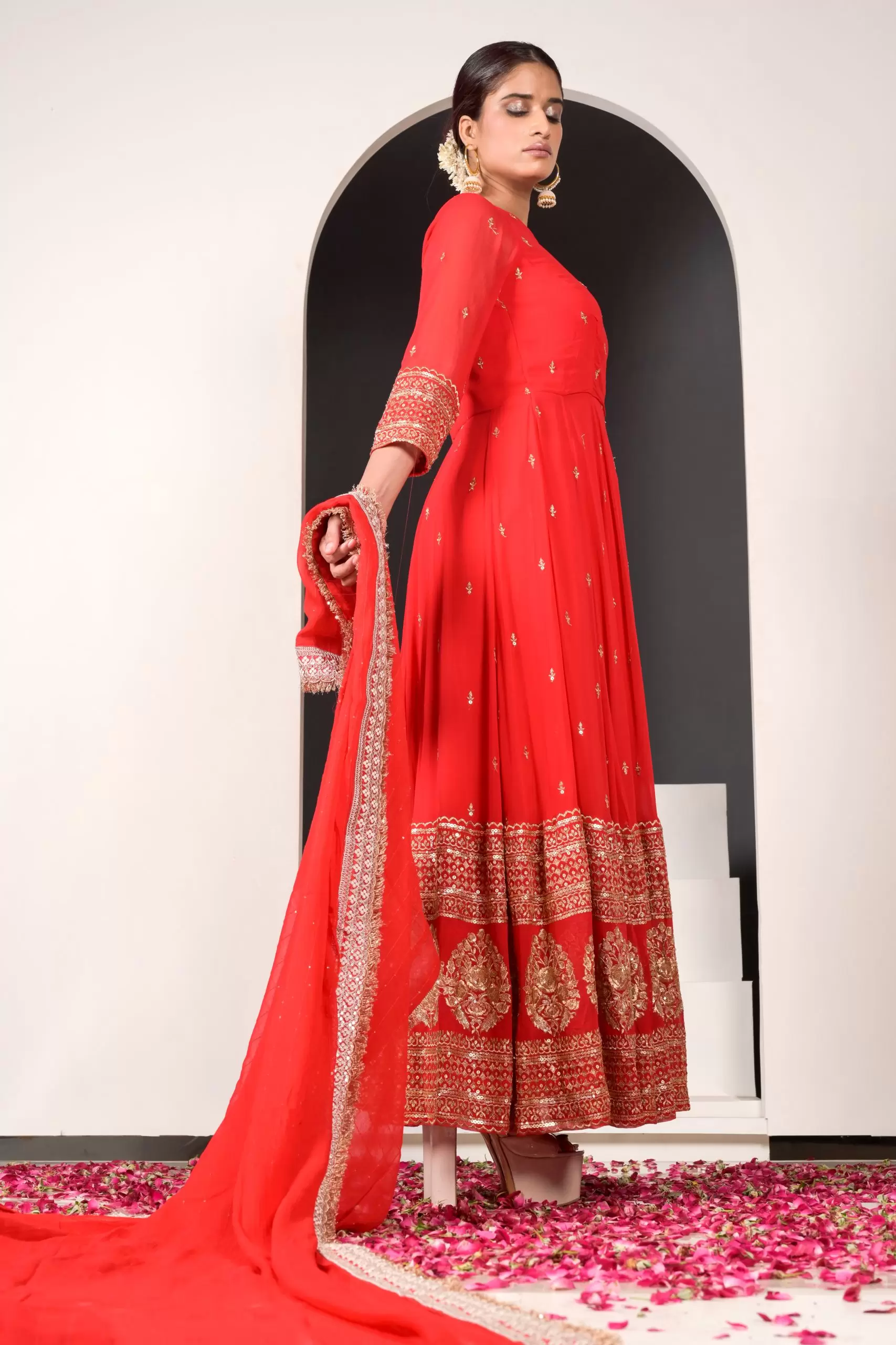 Noorie Red Anarkali Suit with Golden Embroidered Daman on Pure georgette