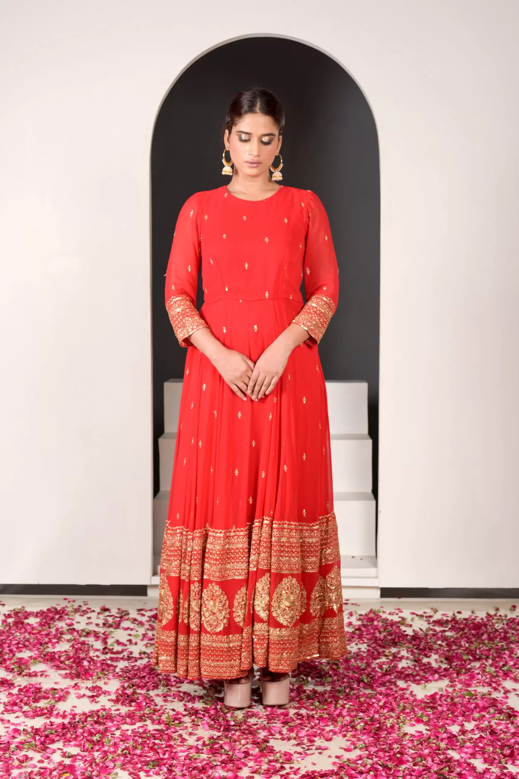 Noorie Red Anarkali Suit with Golden Embroidered Daman on Pure georgette