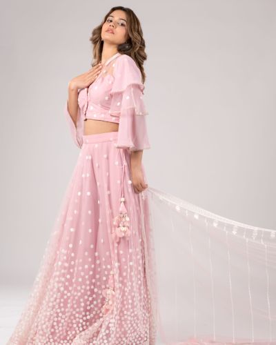 Pastel Pink Flared Skirt with Pallazo and Layered Sleeve details with Duptta