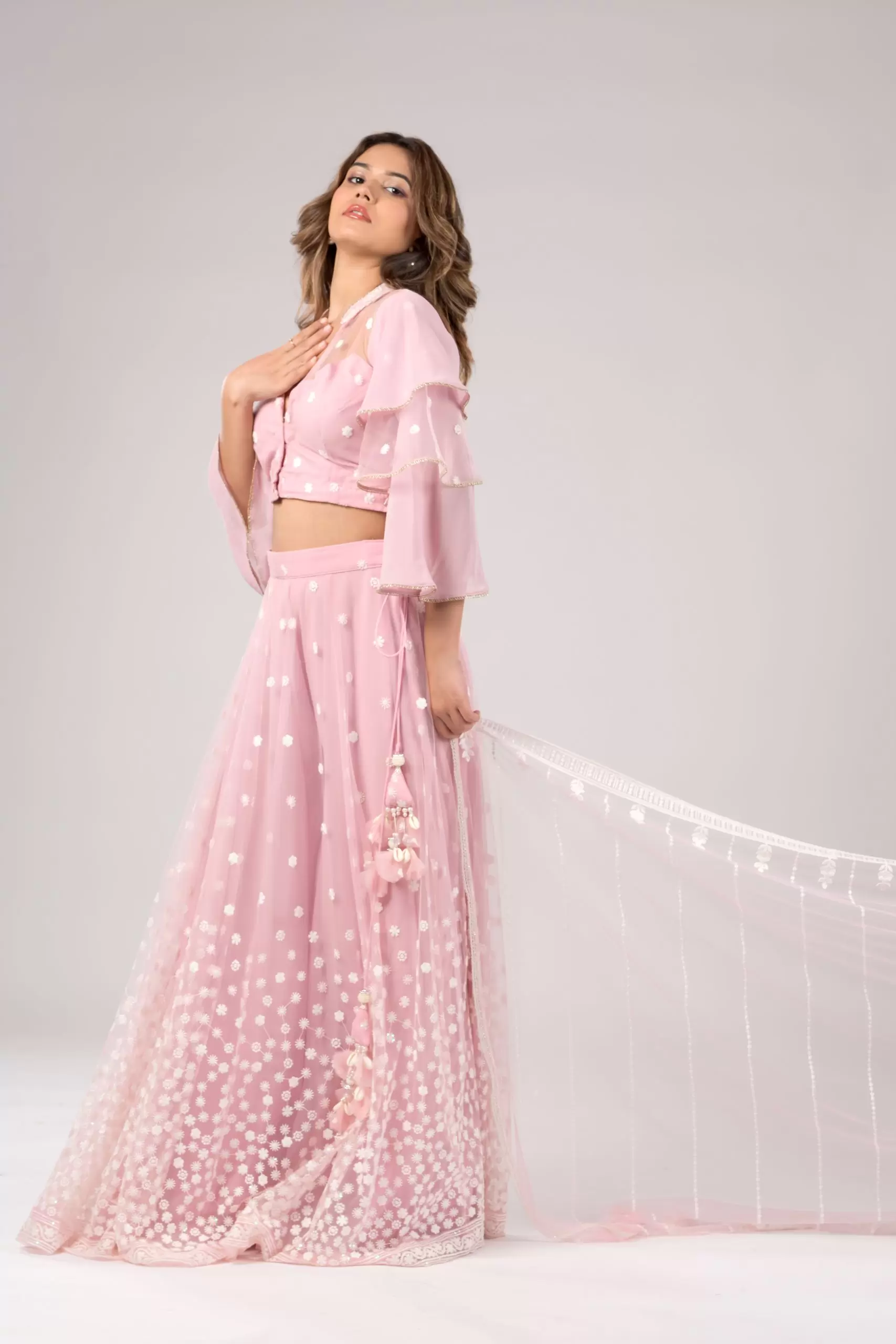 Pastel Pink Flared Skirt with Pallazo and Layered Sleeve details with Duptta