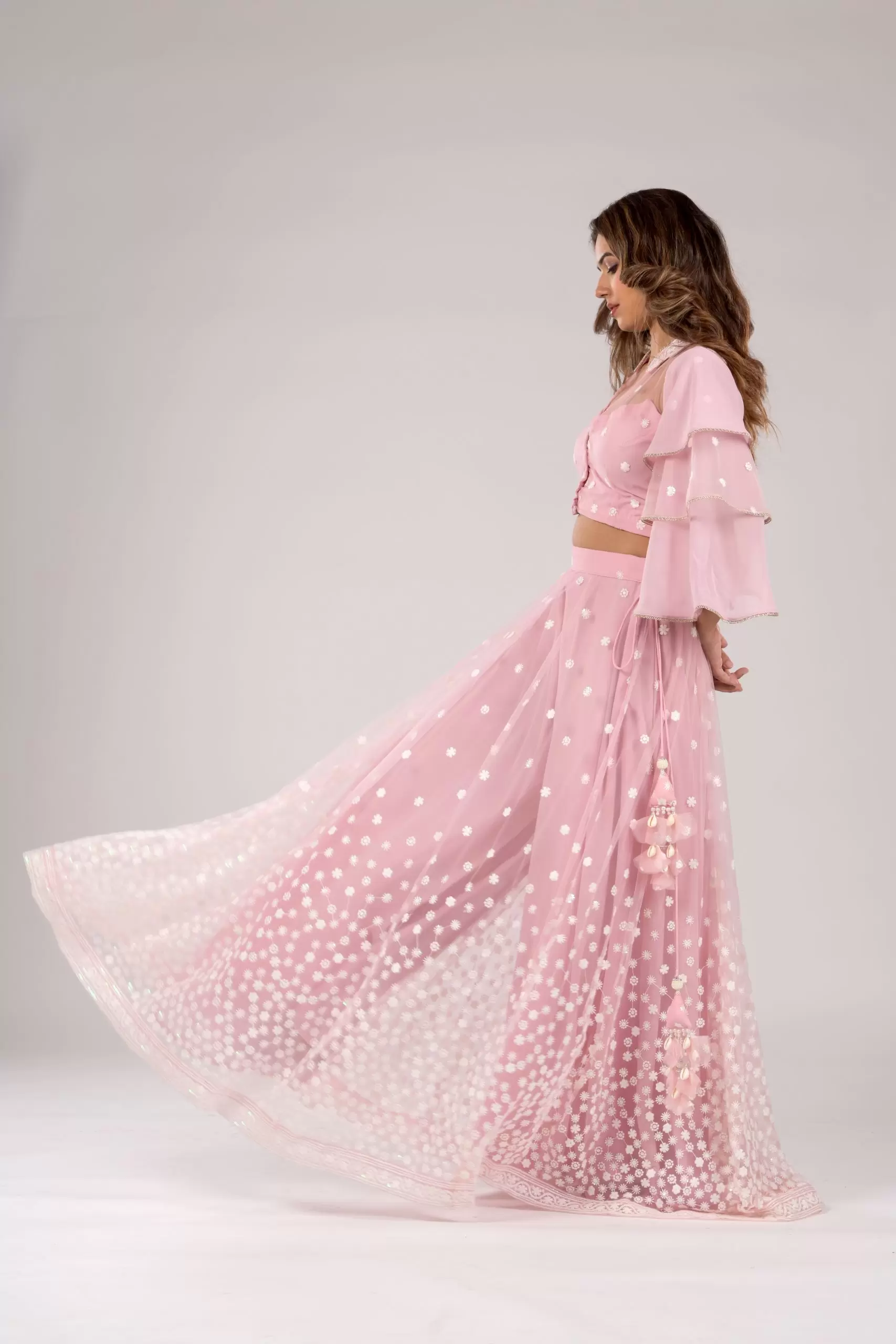 Pastel Pink Flared Skirt with Pallazo and Layered Sleeve details with Duptta