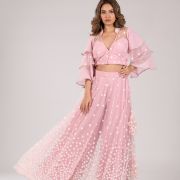 Pastel Pink Flared Skirt with Pallazo and Layered Sleeve details with Duptta