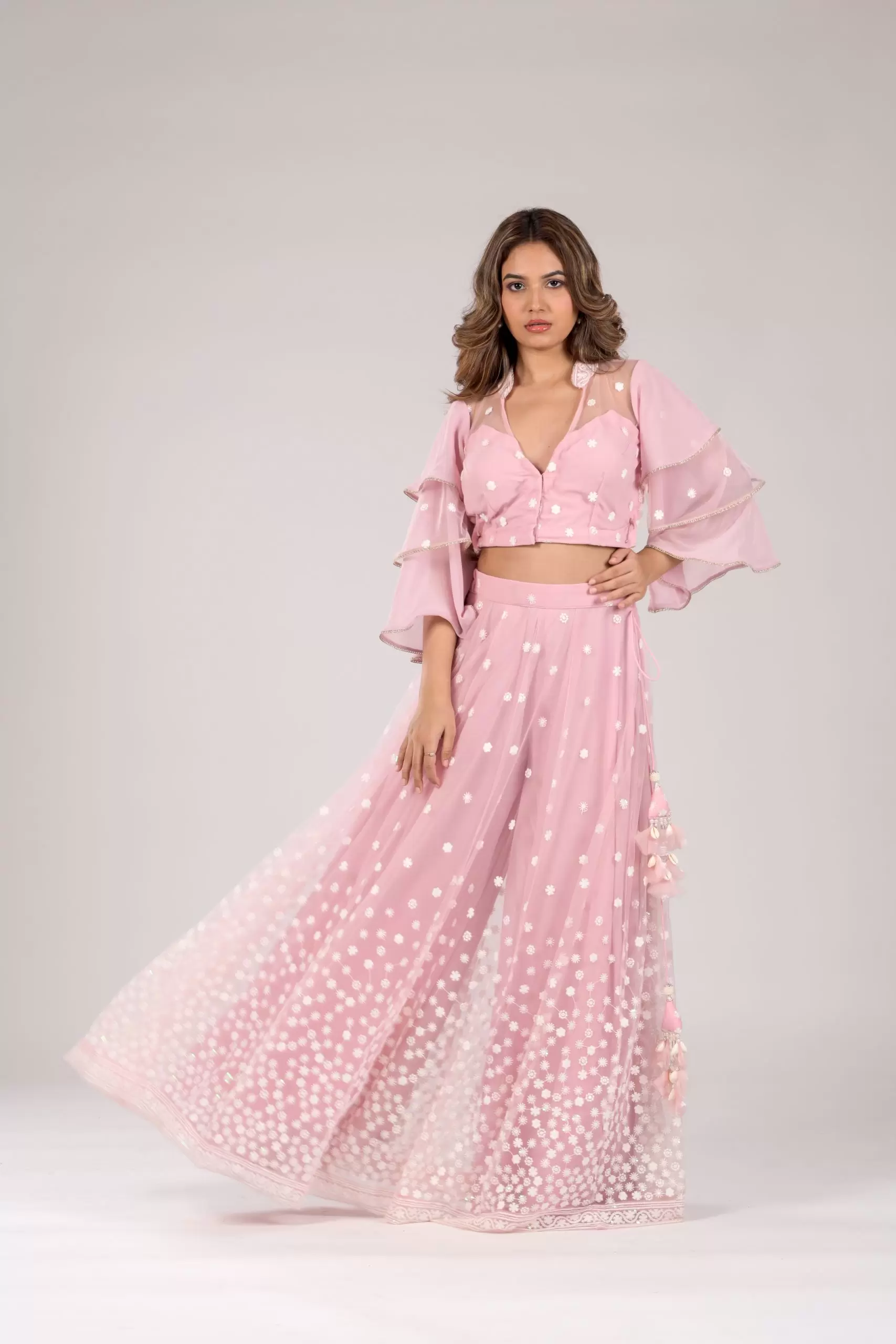 Pastel Pink Flared Skirt with Pallazo and Layered Sleeve details with Duptta