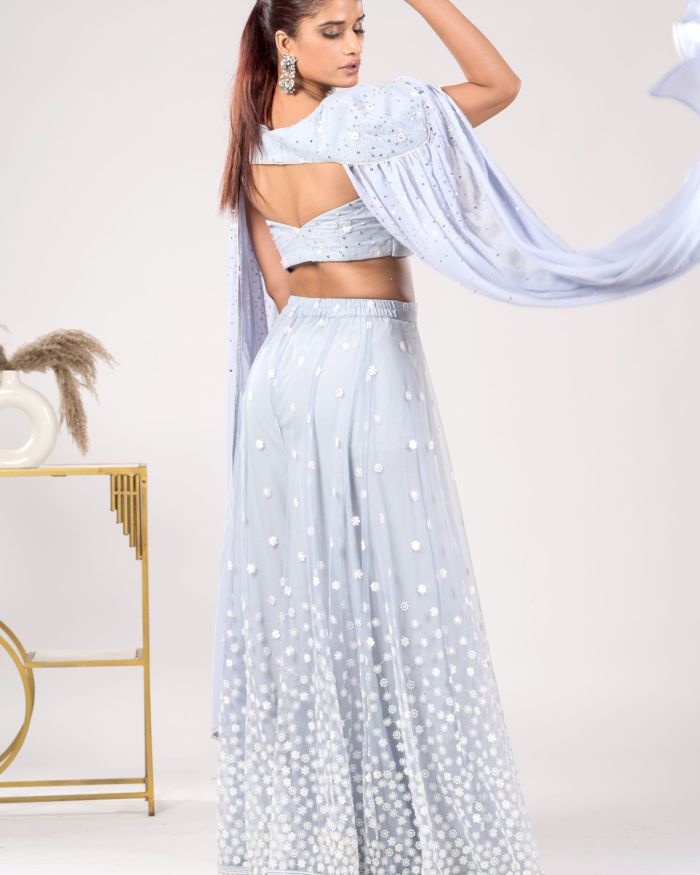 Pastel Greyish Blue Flared Pallazo with Tube top and Flared Cape