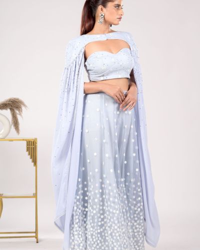 Pastel Greyish Blue Flared Pallazo with Tube top and Flared Cape