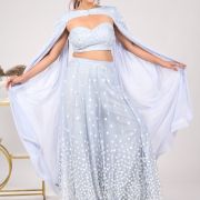 Pastel Greyish Blue Flared Pallazo with Tube top and Flared Cape