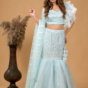 Pastel Blue Fish Cut Lehenga With Ruffle detail in Blouse and Dupatta