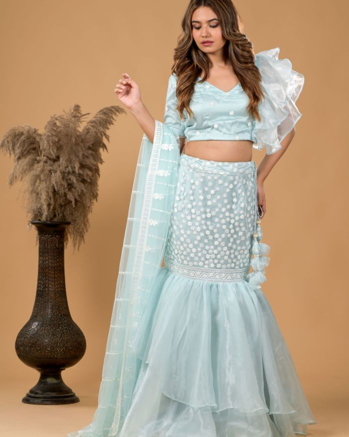 Pastel Blue Fish Cut Lehenga With Ruffle detail in Blouse and Dupatta