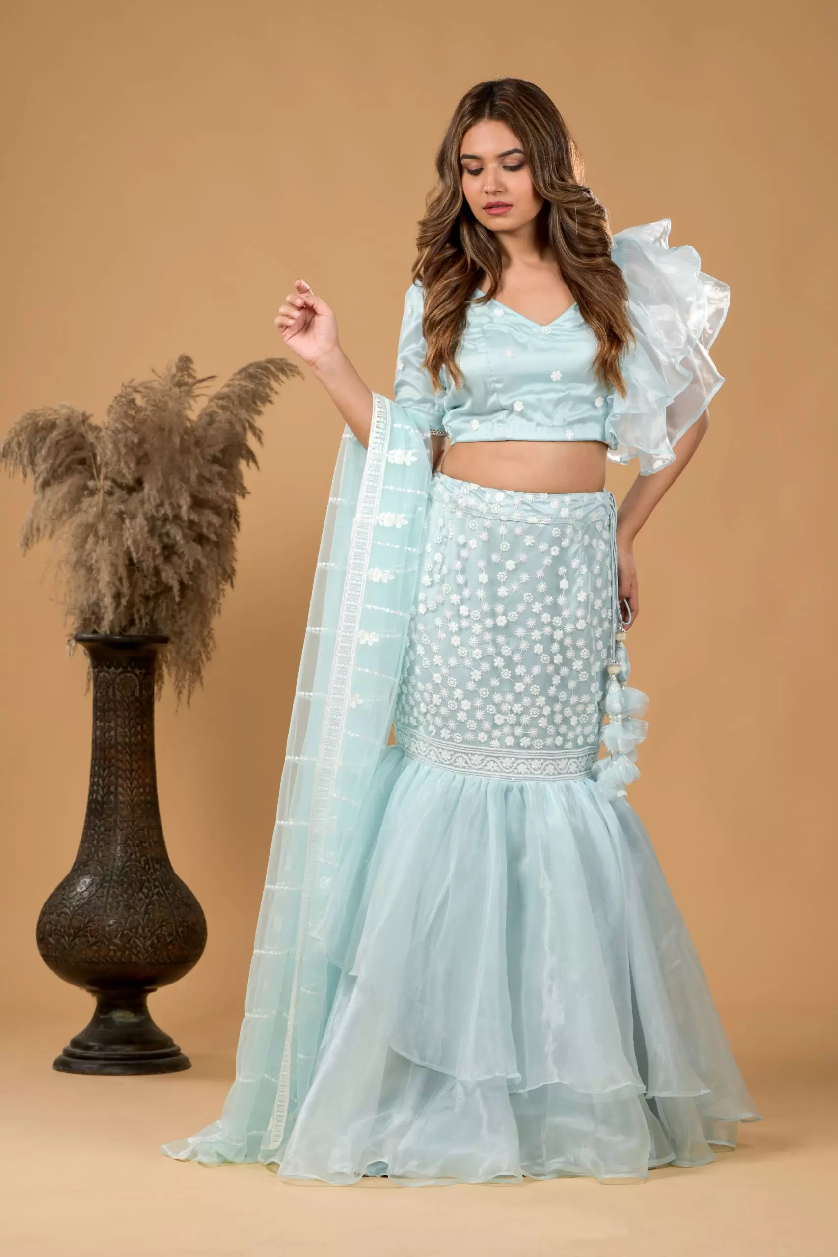 Pastel Blue Fish Cut Lehenga With Ruffle detail in Blouse and Dupatta