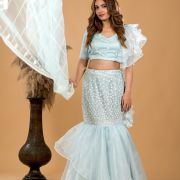 Pastel Blue Fish Cut Lehenga With Ruffle detail in Blouse and Dupatta