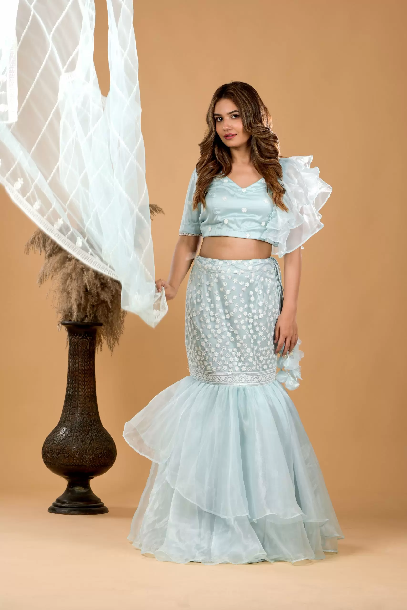 Pastel Blue Fish Cut Lehenga With Ruffle detail in Blouse and Dupatta