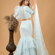 Pastel Blue Fish Cut Lehenga With Ruffle detail in Blouse and Dupatta