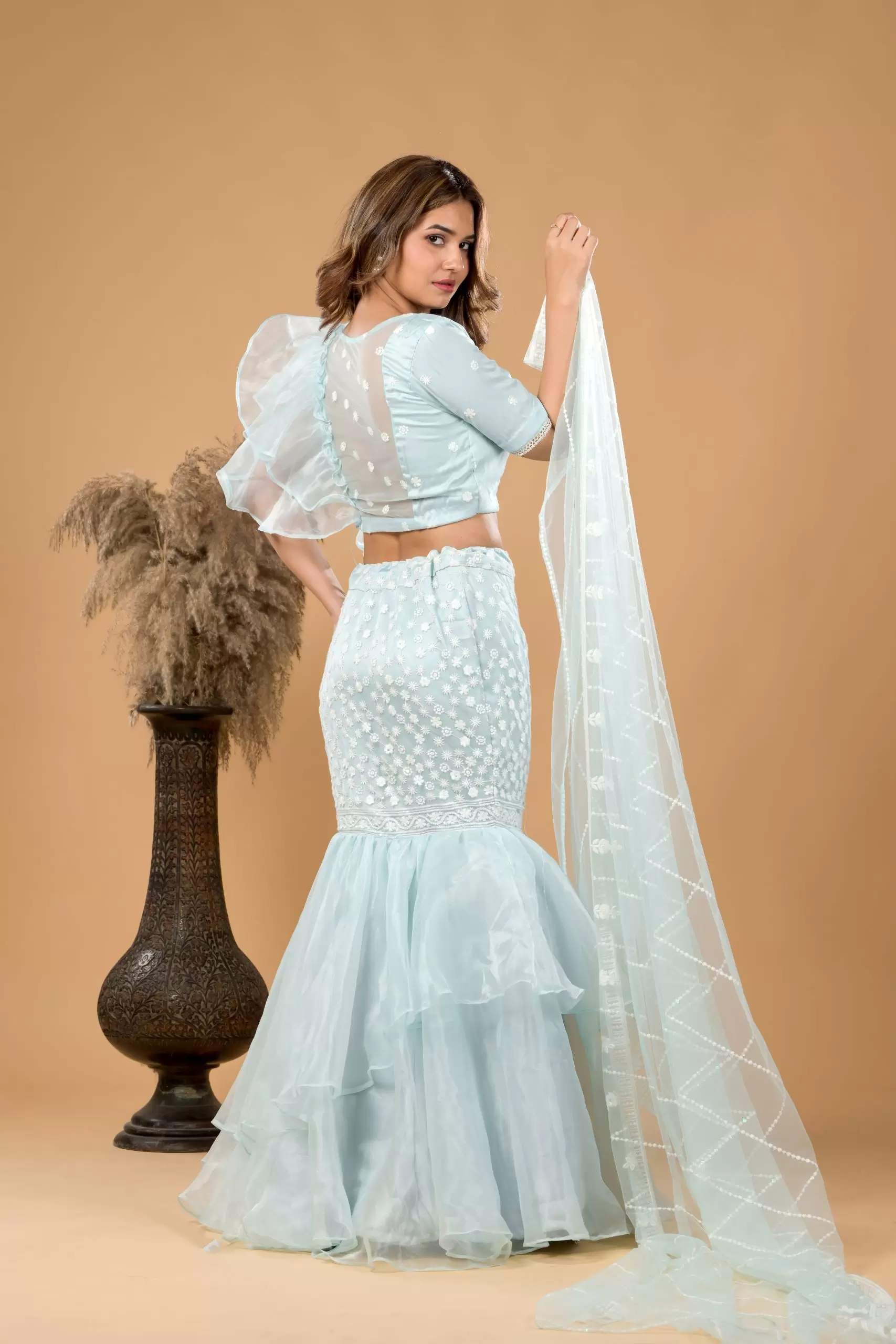 Pastel Blue Fish Cut Lehenga With Ruffle detail in Blouse and Dupatta