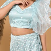 Pastel Blue Fish Cut Lehenga With Ruffle detail in Blouse and Dupatta