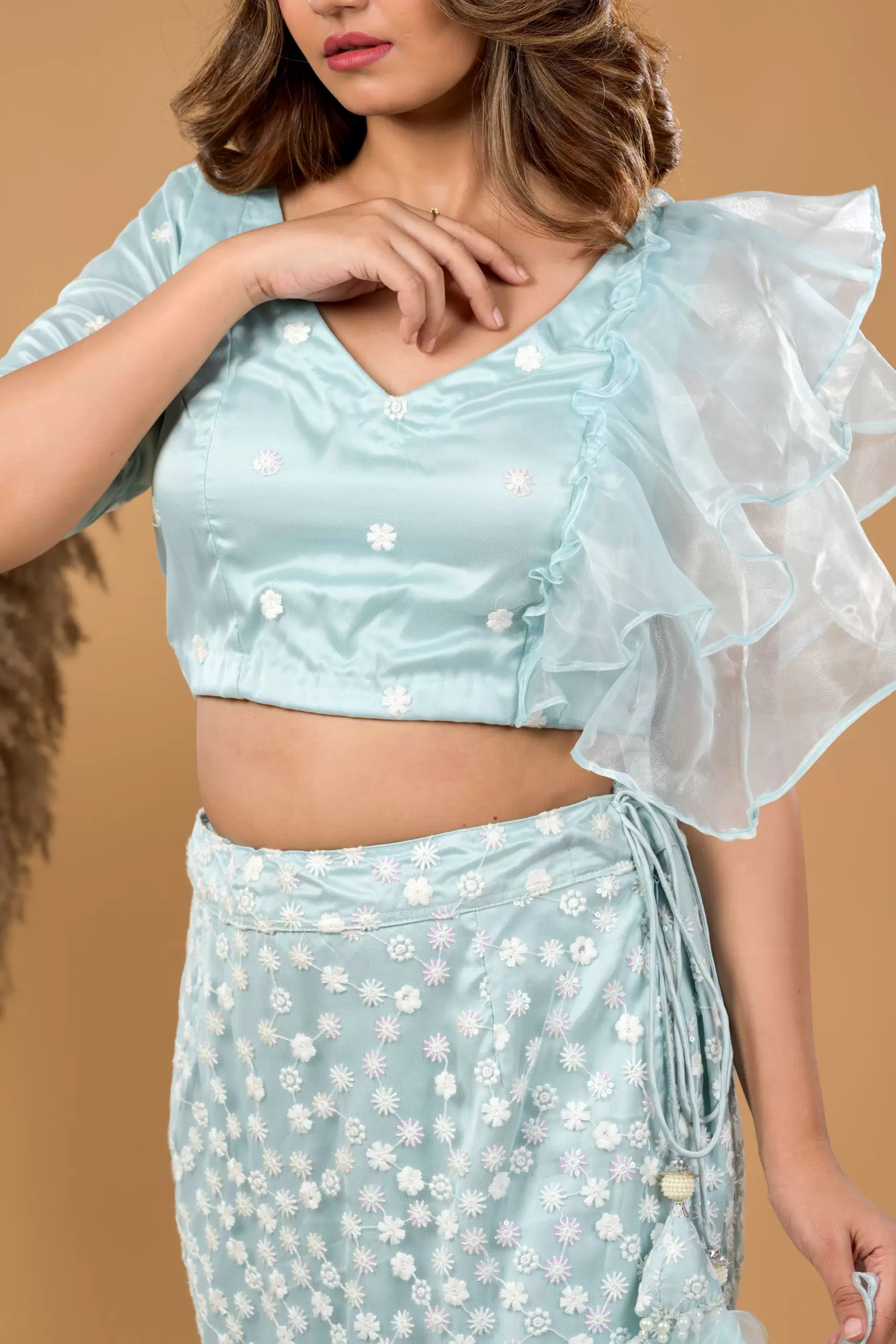 Pastel Blue Fish Cut Lehenga With Ruffle detail in Blouse and Dupatta